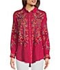 Color:Ultra Pink - Image 4 - Cachemire Point Collar Long Sleeve Floral Embroidery Button Front Tunic