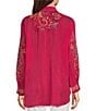Color:Ultra Pink - Image 5 - Cachemire Point Collar Long Sleeve Floral Embroidery Button Front Tunic