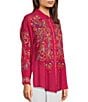 Color:Ultra Pink - Image 6 - Cachemire Point Collar Long Sleeve Floral Embroidery Button Front Tunic