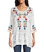 Color:White - Image 1 - Cherie Floral Embroidery Crew Neck 3/4 Sleeve Sheer Tunic