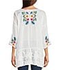 Color:White - Image 2 - Cherie Floral Embroidery Crew Neck 3/4 Sleeve Sheer Tunic