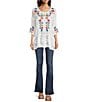 Color:White - Image 3 - Cherie Floral Embroidery Crew Neck 3/4 Sleeve Sheer Tunic