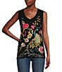 Color:Black - Image 1 - Cotton Knit Jersey Placement Embroidery Raw Edge Trim V-Neck Sleeveless Tank