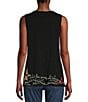 Color:Black - Image 2 - Cotton Knit Jersey Placement Embroidery Raw Edge Trim V-Neck Sleeveless Tank