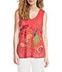 Color:Calypso Coral - Image 1 - Cotton Knit Jersey Placement Embroidery Raw Edge Trim V-Neck Sleeveless Tank