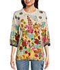 Color:Multi - Image 1 - Delite Bamboo Knit Floral Print Scoop Neck Elbow Puff Sleeve Top