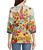 Color:Multi - Image 2 - Delite Bamboo Knit Floral Print Scoop Neck Elbow Puff Sleeve Top