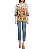 Color:Multi - Image 3 - Delite Bamboo Knit Floral Print Scoop Neck Elbow Puff Sleeve Top