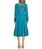 Color:Aqua - Image 2 - Dionne Placement Floral Embroidered Point Collar Long Sleeve Button-Front Tier Midi Shirt Dress