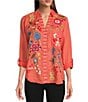 Color:Living Coral - Image 1 - Dionne Placement Floral Embroidery Collared V-Neck Long Sleeve Button-Front Relaxed Fit Shirt