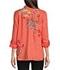 Color:Living Coral - Image 2 - Dionne Placement Floral Embroidery Collared V-Neck Long Sleeve Button-Front Relaxed Fit Shirt