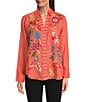 Color:Living Coral - Image 3 - Dionne Placement Floral Embroidery Collared V-Neck Long Sleeve Button-Front Relaxed Fit Shirt