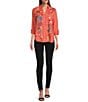 Color:Living Coral - Image 4 - Dionne Placement Floral Embroidery Collared V-Neck Long Sleeve Button-Front Relaxed Fit Shirt