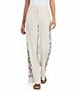 JOHNNY WAS Elizabeth Coordinating Linen Blend Side Floral Embroidered Wide Leg Single Front Pleat Pull-On Pants - Image 1