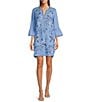 JOHNNY WAS Embroidered Linen Split V-Neck 3/4 Ruffle Sleeve Dress, Color:Delia Robbia Blue - Image 1