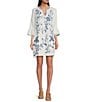 JOHNNY WAS Embroidered Linen Split V-Neck 3/4 Ruffle Sleeve Dress, Color:White - Image 1
