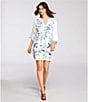 JOHNNY WAS Embroidered Linen Split V-Neck 3/4 Ruffle Sleeve Dress, Color:White - Image 4