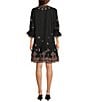 Color:Black - Image 2 - Faye Embroidered Linen Split V-Neck 3/4 Kimono Sleeve Flounce Hem Shift Dress