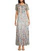 Color:Multi - Image 1 - Floral Print Mesh Knit Crew Neck Short Sleeve A-Line Maxi Dress
