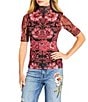 JOHNNY WAS Floral Print Mesh Knit Mock Neck Elbow Sleeve Top, Color:Scilla - Image 1