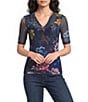 JOHNNY WAS Floral Print Mesh V-Neck Short Sleeve Top - Image 1
