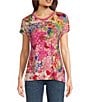 Color:Multi - Image 1 - Frame Relaxed Bamboo Stretch Knit Floral Print Crew Neck Short Dolman Sleeve Tee Shirt