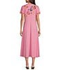 Color:Spring Rose - Image 2 - Gracey Knit Embroidered Placement Floral Motif Short Sleeve A-Line Midi Dress