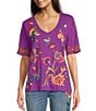 Color:Iris - Image 1 - Gracey Knit Jersey V-Neck Short Sleeve Floral Embroidery Top