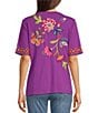 Color:Iris - Image 2 - Gracey Knit Jersey V-Neck Short Sleeve Floral Embroidery Top