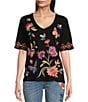 Color:Black - Image 1 - Gracey Knit Jersey V-Neck Short Sleeve Floral Embroidery Top