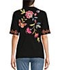 Color:Black - Image 2 - Gracey Knit Jersey V-Neck Short Sleeve Floral Embroidery Top