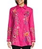 Color:Flamingo Pink - Image 1 - Indalo Embroidered Cotton Point Collar Long Sleeve Button-Front Big Shirt