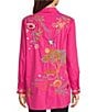Color:Flamingo Pink - Image 2 - Indalo Embroidered Cotton Point Collar Long Sleeve Button-Front Big Shirt