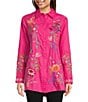Color:Flamingo Pink - Image 1 - Indalo Embroidered Cotton Point Collar Long Sleeve Button-Front Big Shirt