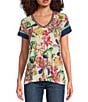 Color:Aldrich Scarf Print - Image 1 - Janie Favorite Aldrich Exotic Floral Print Bamboo Knit Jersey V-Neck Short Sleeve Tee