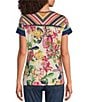 Color:Aldrich Scarf Print - Image 2 - Janie Favorite Aldrich Exotic Floral Print Bamboo Knit Jersey V-Neck Short Sleeve Tee