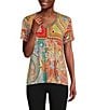 Color:Multi - Image 1 - Janie Favorite Mosaic Tile Patchwork Print Bamboo Knit Jersey V-Neck Short Sleeve Tee