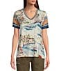 Color:Multi - Image 1 - Janie Favorite Scenic Print Bamboo Knit V-Neck Short Sleeve Tee Shirt