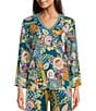 Color:Multi - Image 1 - Janie Favorite Wildbird Floral Print Knit Jersey V-Neck Long Kimono Sleeve Coordinating Tee