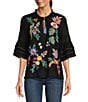 Color:Black - Image 1 - Jeanette Embroidered Floral Split V-Neck 3/4 Ruffle Sleeve Cotton Blouse
