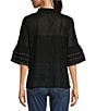 Color:Black - Image 2 - Jeanette Embroidered Floral Split V-Neck 3/4 Ruffle Sleeve Cotton Blouse
