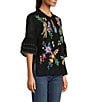 Color:Black - Image 3 - Jeanette Embroidered Floral Split V-Neck 3/4 Ruffle Sleeve Cotton Blouse