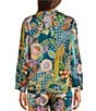 Color:Multi - Image 2 - Kalani Silk Flora & Fauna Print Mandarin Collar Long Sleeve Button-Front Coordinating Blouse