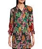 Color:Multi - Image 1 - Lapham Adonia Floral Bouquet Print Point Collar 3/4 Puff Sleeve Button-Front Tunic