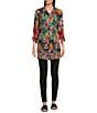 Color:Multi - Image 3 - Lapham Adonia Floral Bouquet Print Point Collar 3/4 Puff Sleeve Button-Front Tunic