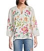 JOHNNY WAS Linen Floral Embroidered Split V-Neck 3/4 Sleeve Blouse - Image 1