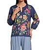 JOHNNY WAS Linen Floral Embroidered Split V-Neck 3/4 Sleeve Blouse - Image 1
