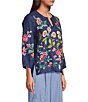 JOHNNY WAS Linen Floral Embroidered Split V-Neck 3/4 Sleeve Blouse - Image 3