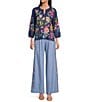 JOHNNY WAS Linen Floral Embroidered Split V-Neck 3/4 Sleeve Blouse - Image 5