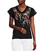Color:Black - Image 1 - Lissa Embroidered Floral Print Cotton Knit Jersey V-Neck Short Flutter Sleeve Tee Shirt